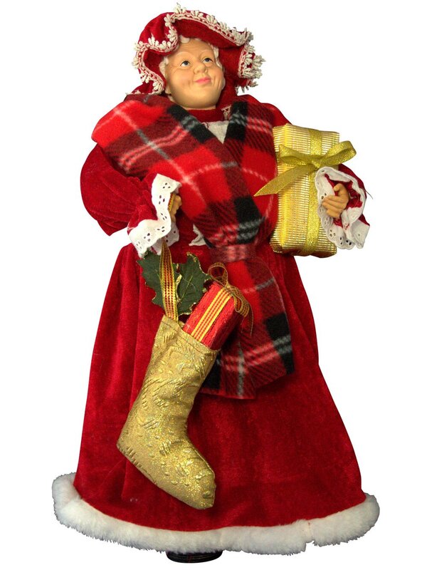 Decorative Mrs Claus With Tartan Shawl & Gifts - 46cm