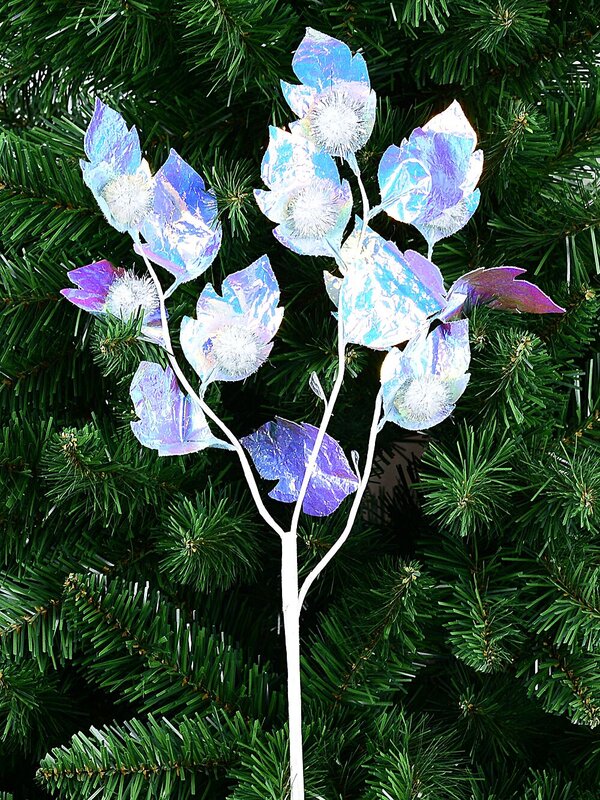 Iridescent Blue Hawthorn Like Leaf Spray Long Christmas Tree Clip Stem | 50cm — image 2