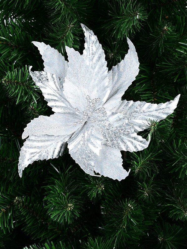 Silver Holographic & Iridescent Poinsettia Christmas Tree Clip Pick | 24cm — image 2