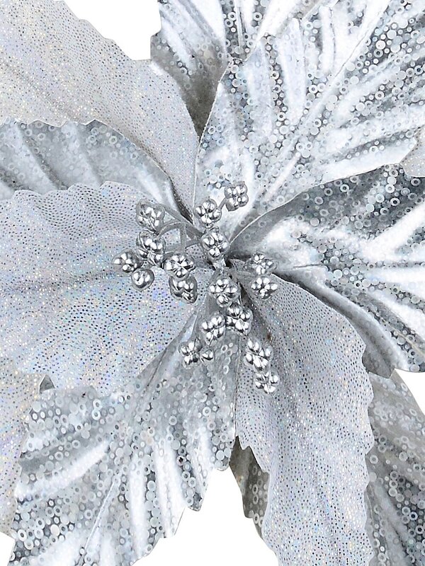 Silver Holographic & Iridescent Poinsettia Christmas Tree Clip Pick | 24cm — image 3