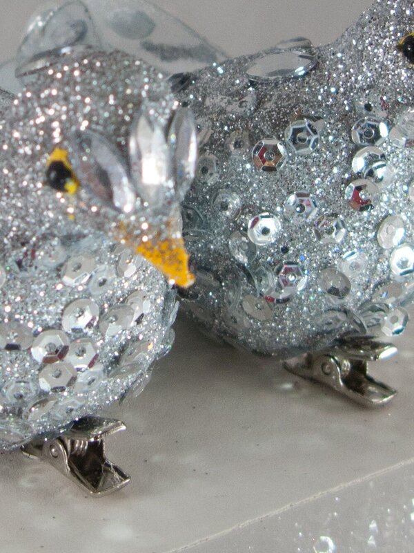 Silver Sequin Glitter Birds - 2 x 14cm