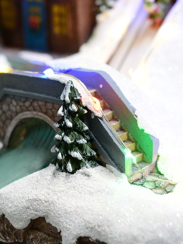 Ski Mountain Village Scene with LED Lights & Moving Figures - 30cm