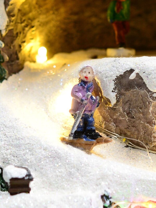 Ski Mountain Village Scene with LED Lights & Moving Figures - 30cm