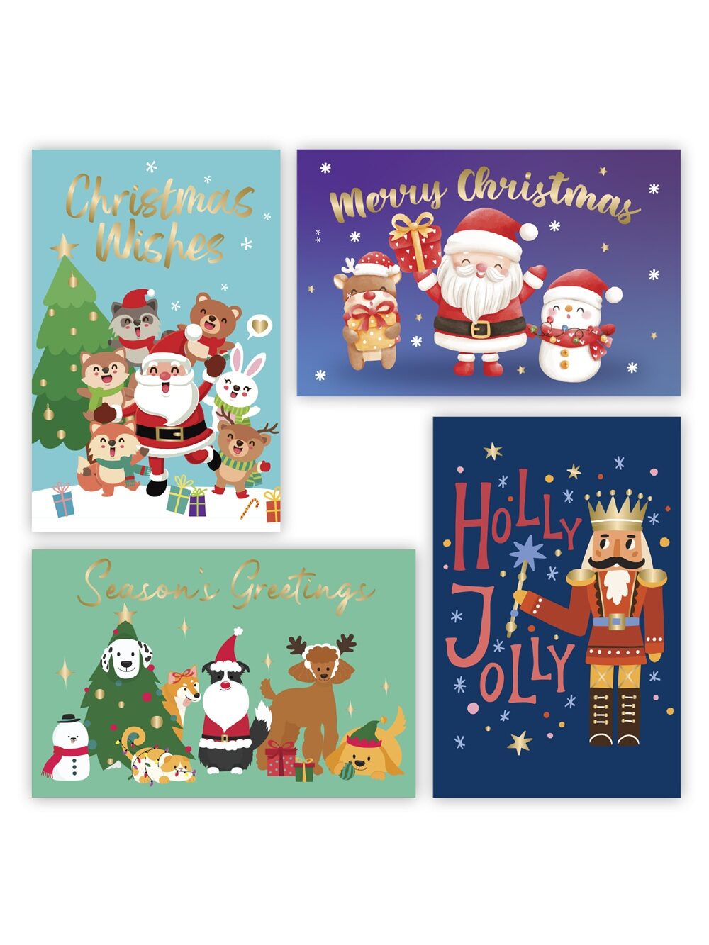 10x Cute Cartoon Character Christmas Greeting Cards Gold Foil Pack | 17cm