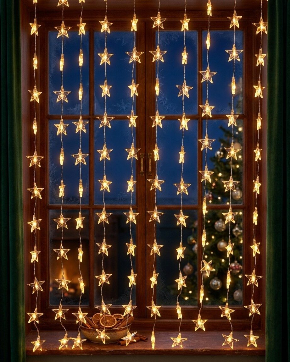 120 Warm White LED Star Curtain Lights 8 Function & Timer | 1.8m — image 2