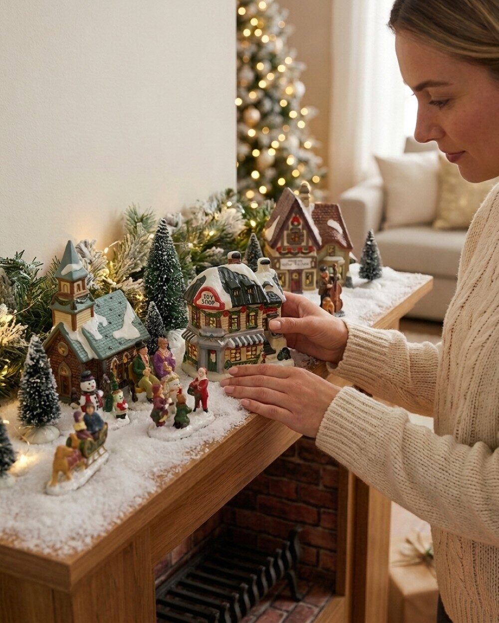 17 Piece Large Christmas Village Scene With LED Church, Shops & Figurines — image 3