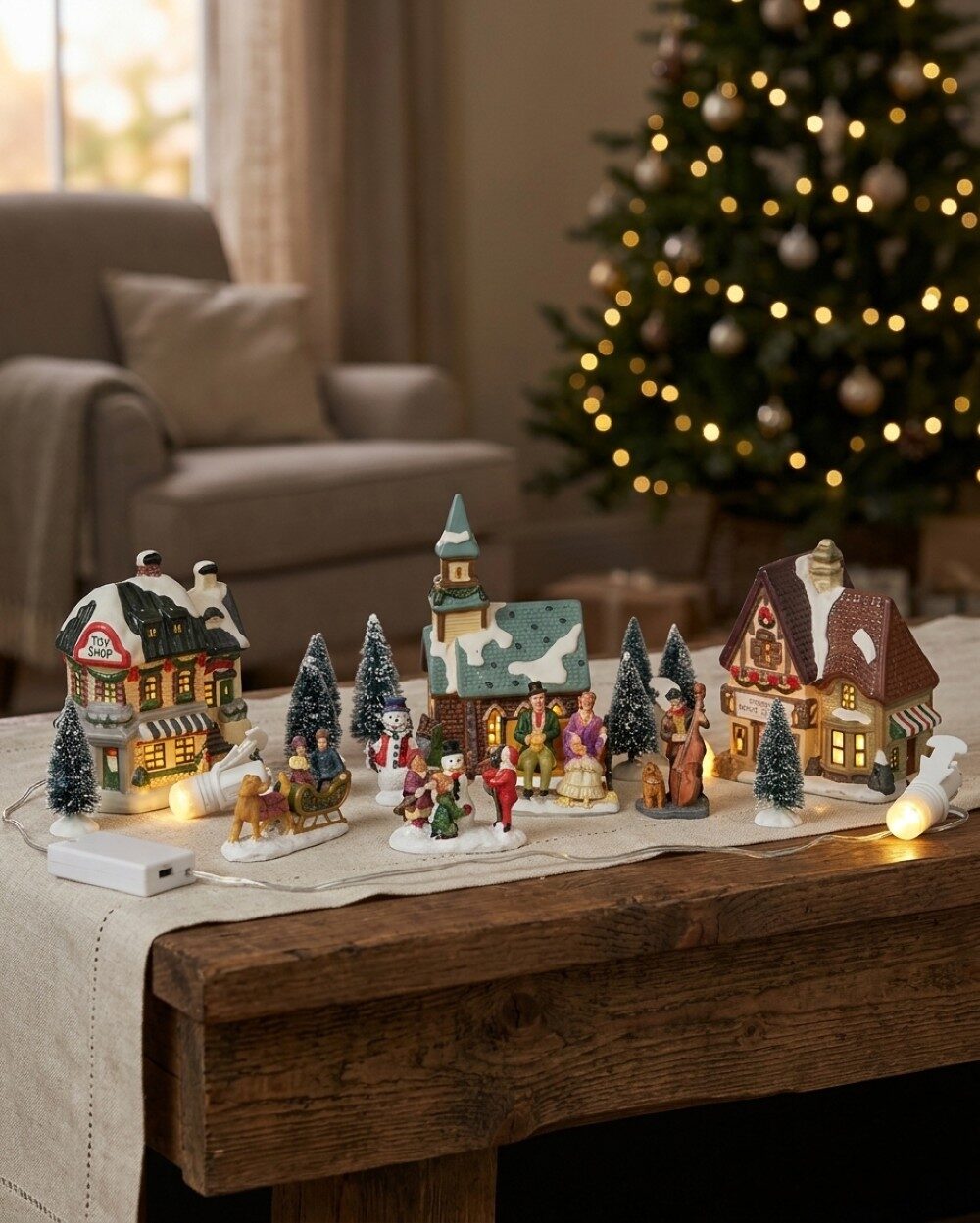 17 Piece Large Christmas Village Scene With LED Church, Shops & Figurines — image 4