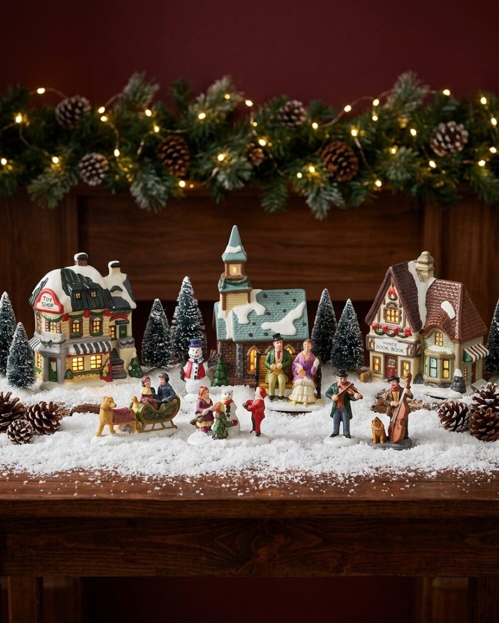 17 Piece Large Christmas Village Scene With LED Church, Shops & Figurines — image 2