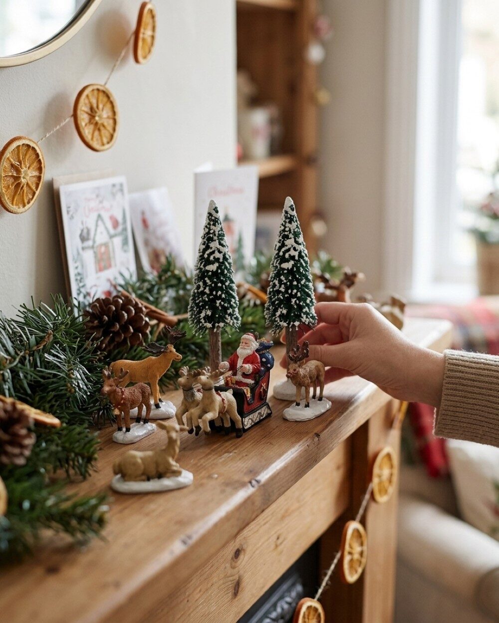 9x Santa & Sleigh With Reindeer, Moose & Trees Village Scene | 14cm Tree — image 4
