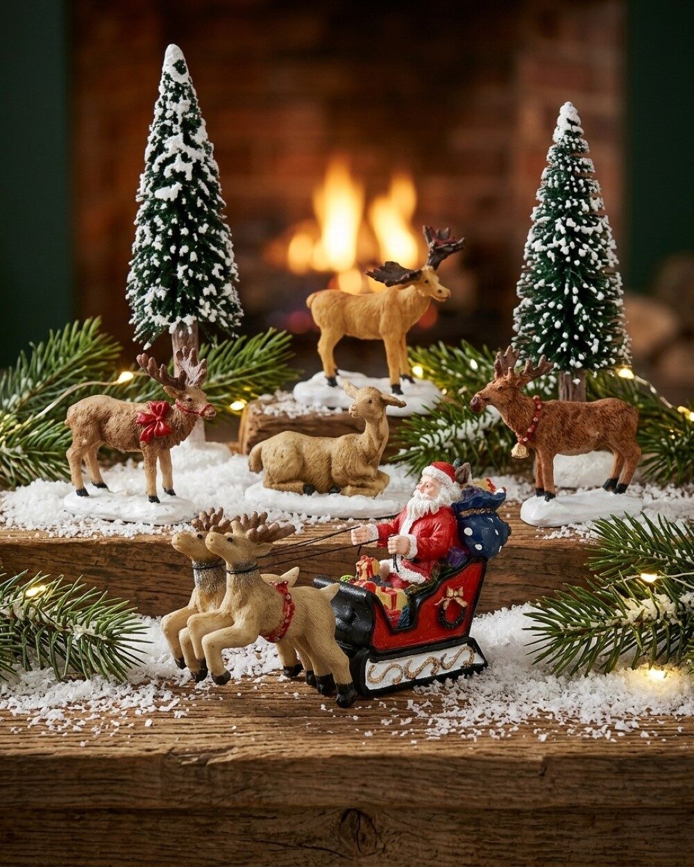 9x Santa & Sleigh With Reindeer, Moose & Trees Village Scene | 14cm Tree — image 2