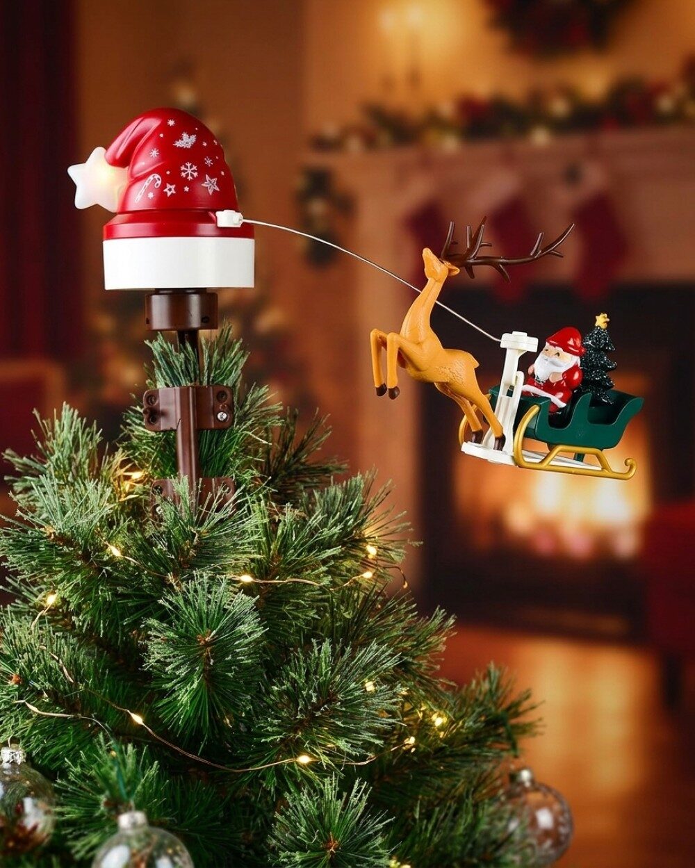 Animated Flying Santa Sleigh Tree Topper | Musical Rotating Ornament — image 2