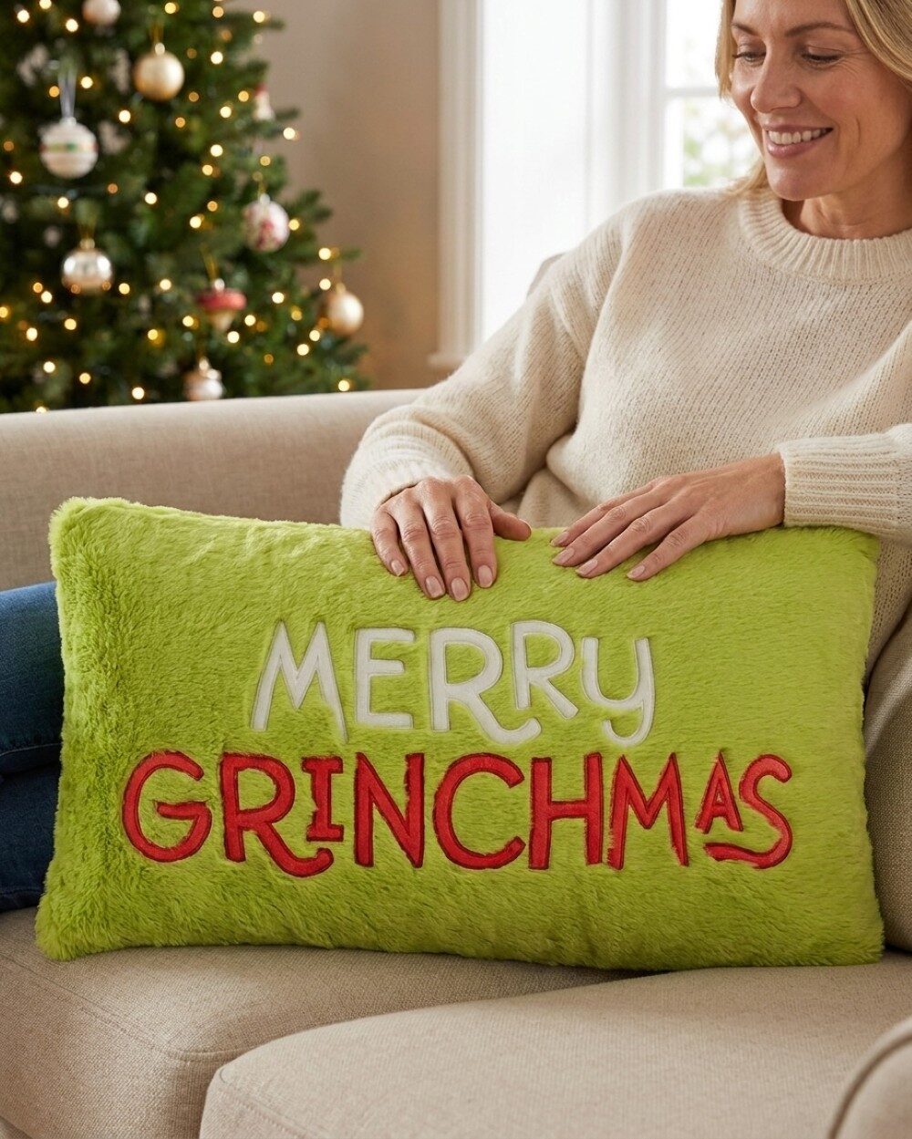 Dr. Seuss Embroidered Merry Grinchmas Green Plush Lumbar Pillow | 75cm — image 3