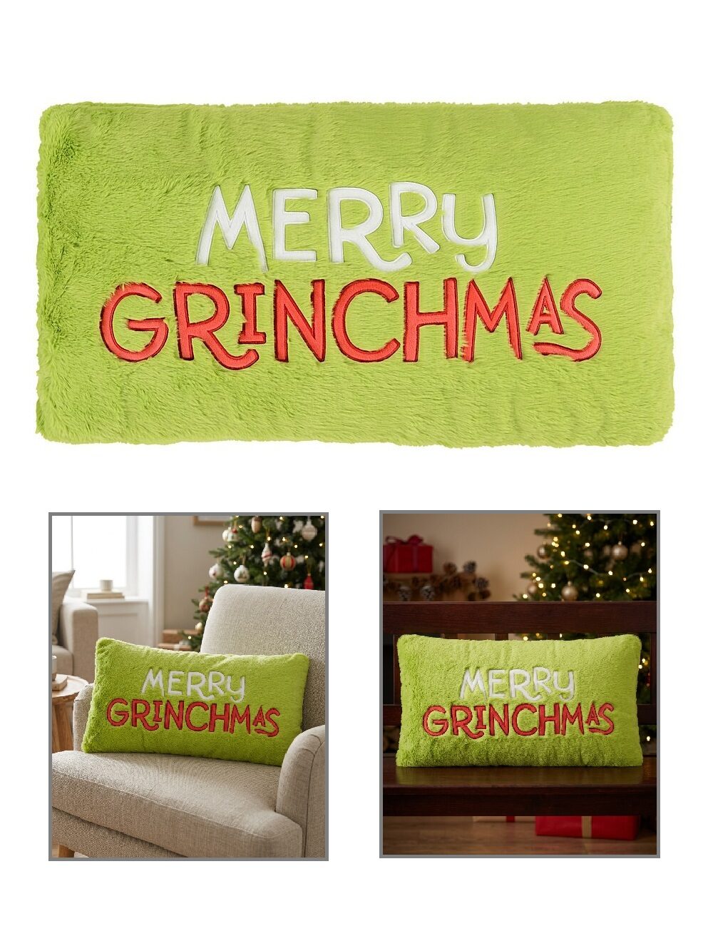 Dr. Seuss Embroidered Merry Grinchmas Green Plush Lumbar Pillow | 75cm
