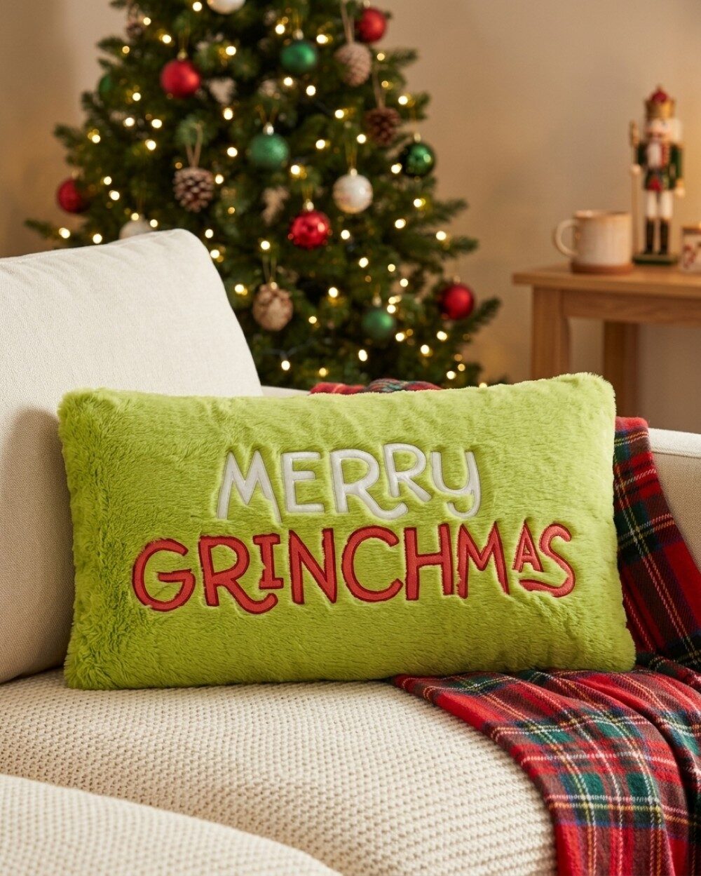Dr. Seuss Embroidered Merry Grinchmas Green Plush Lumbar Pillow | 75cm — image 4