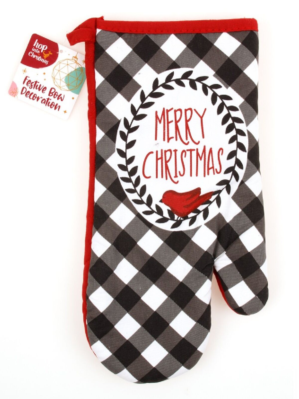 Black & White Checkered Oven Mitt | Festive Wreath & Bird Kitchen Glove