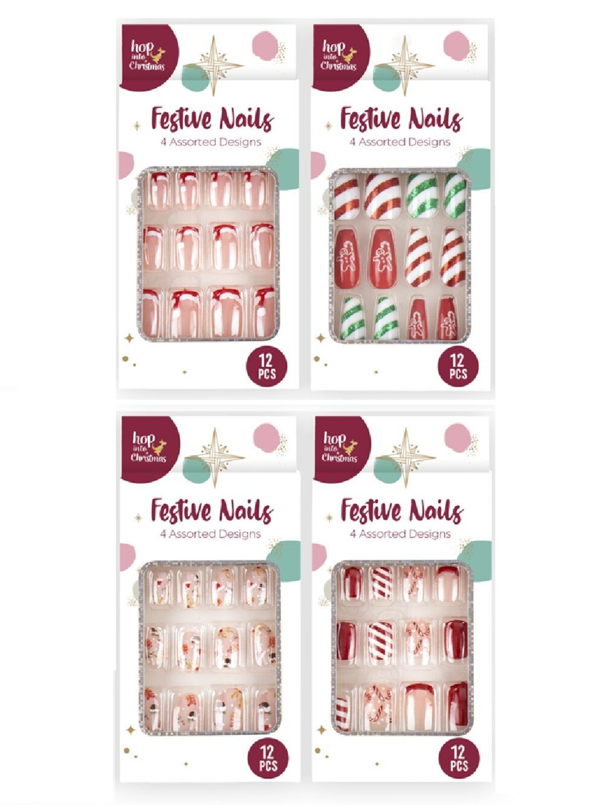 Assorted 12 Pack Festive Press On Nails | Christmas False Nails Set