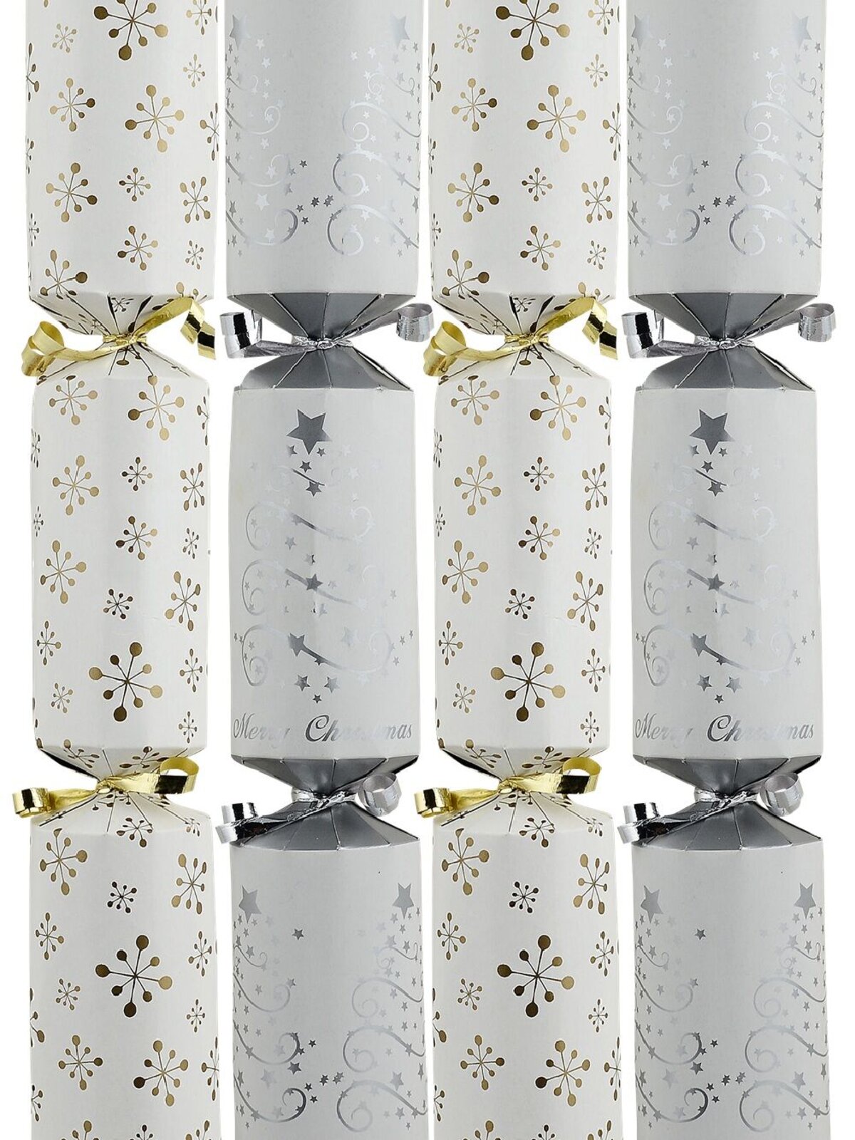 50x Matte Gold Stars & Silver Trees White Christmas Bon Bons (Crackers) | 31cm