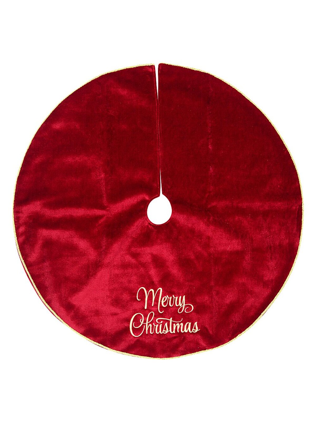 1m Deep Red Velvet & Gold Merry Christmas Embroidered Tree Skirt