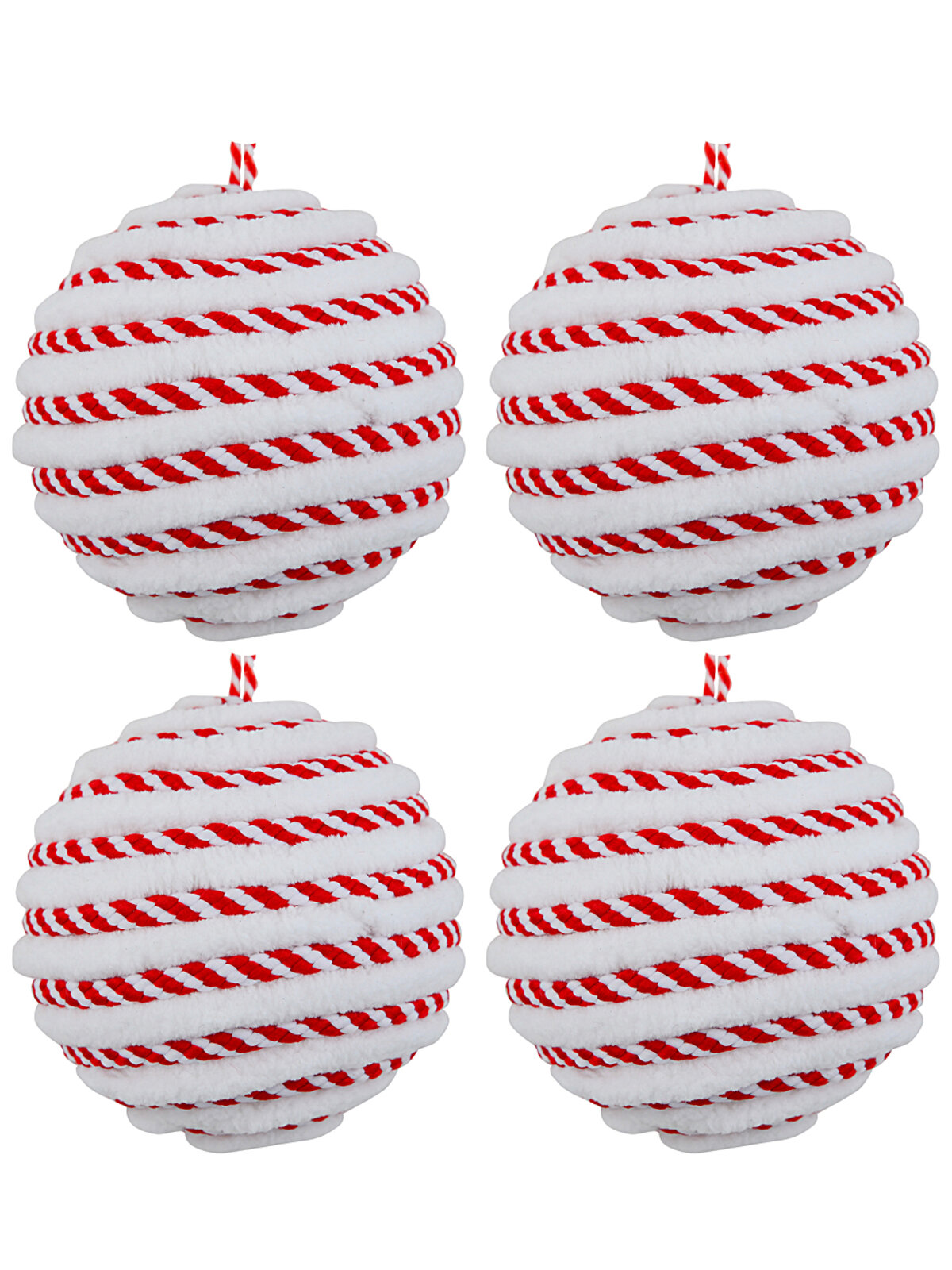6x Classic Red & White Signature Spiral Plush Chenille Baubles | 80mm
