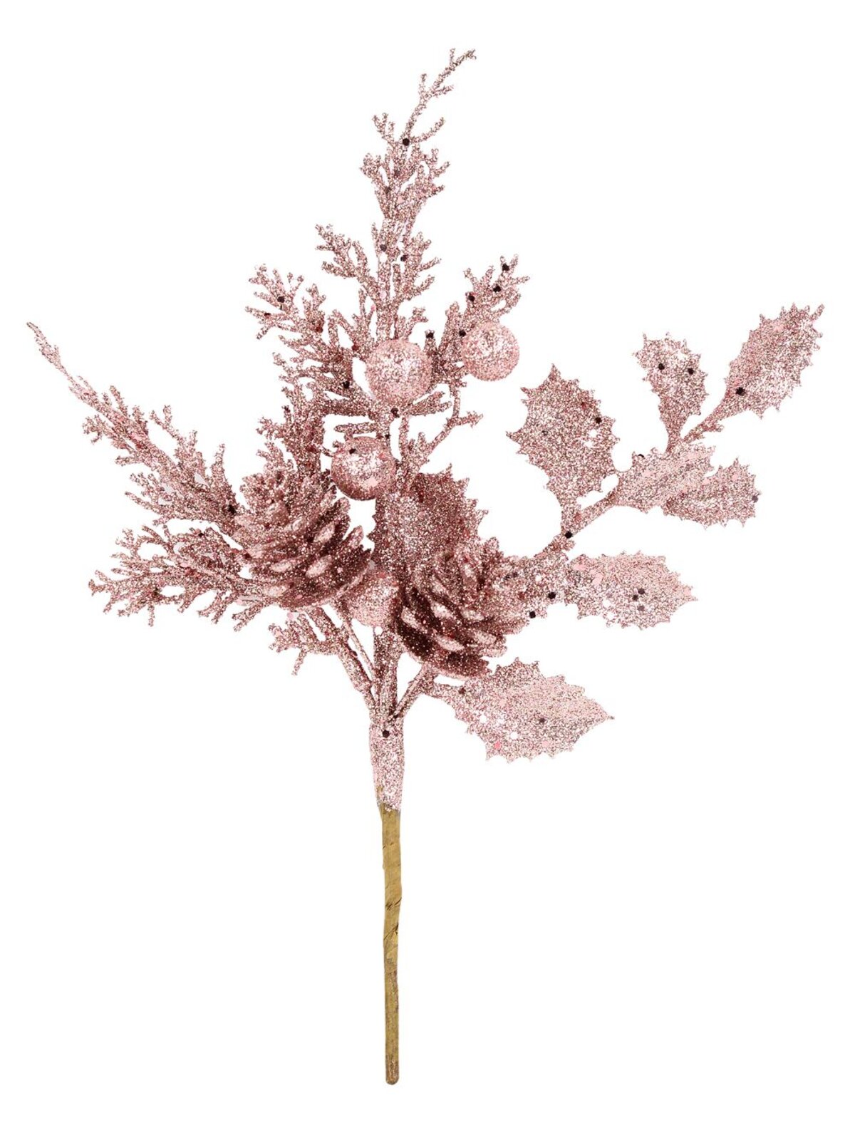 Pink Glitter Mixed Foliage With Pinecone & Berries Christmas Stem Pick | 28cm