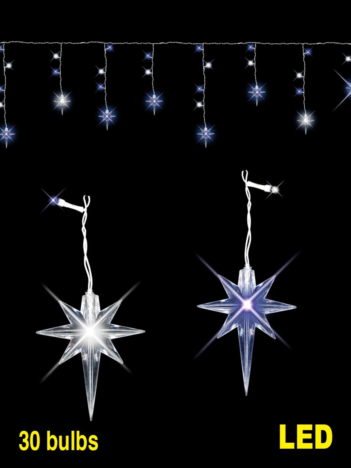 30 Blue & White LED Bulbs Icicle Light With 8 Star Tips - 2m