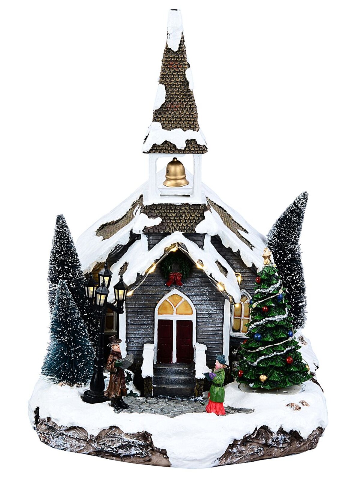 35cm Winter Church LED Christmas Village Scene With Animated Bell & Tree
