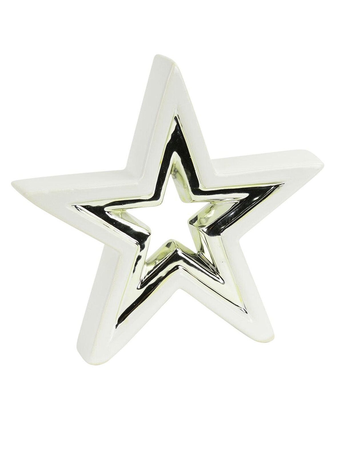 3D White Ceramic Star Ornament With Champagne Accent Stripe - 17cm