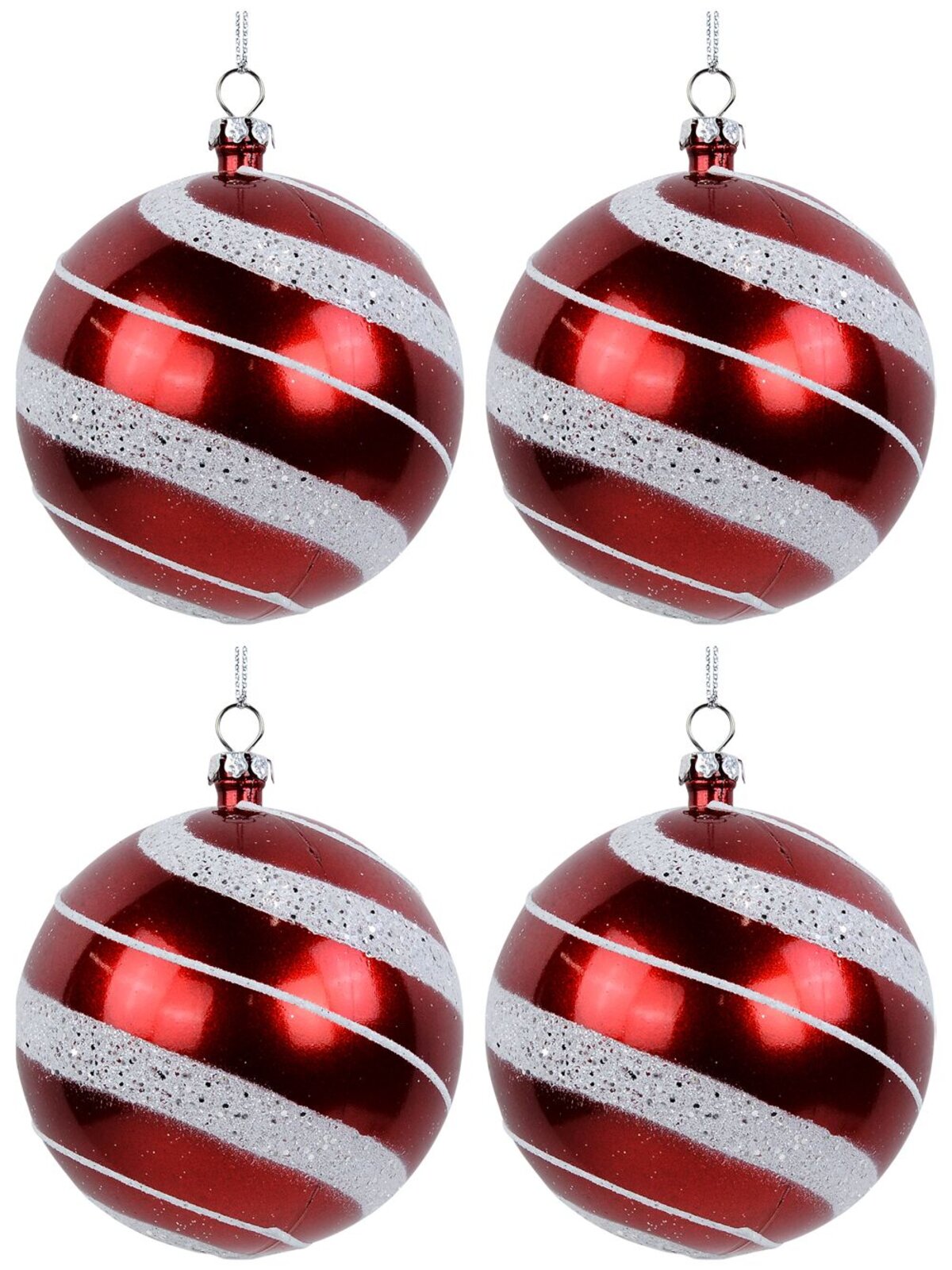 4 x 80mm Candy Apple Red Baubles With Silver Glitter White Swirl Pattern