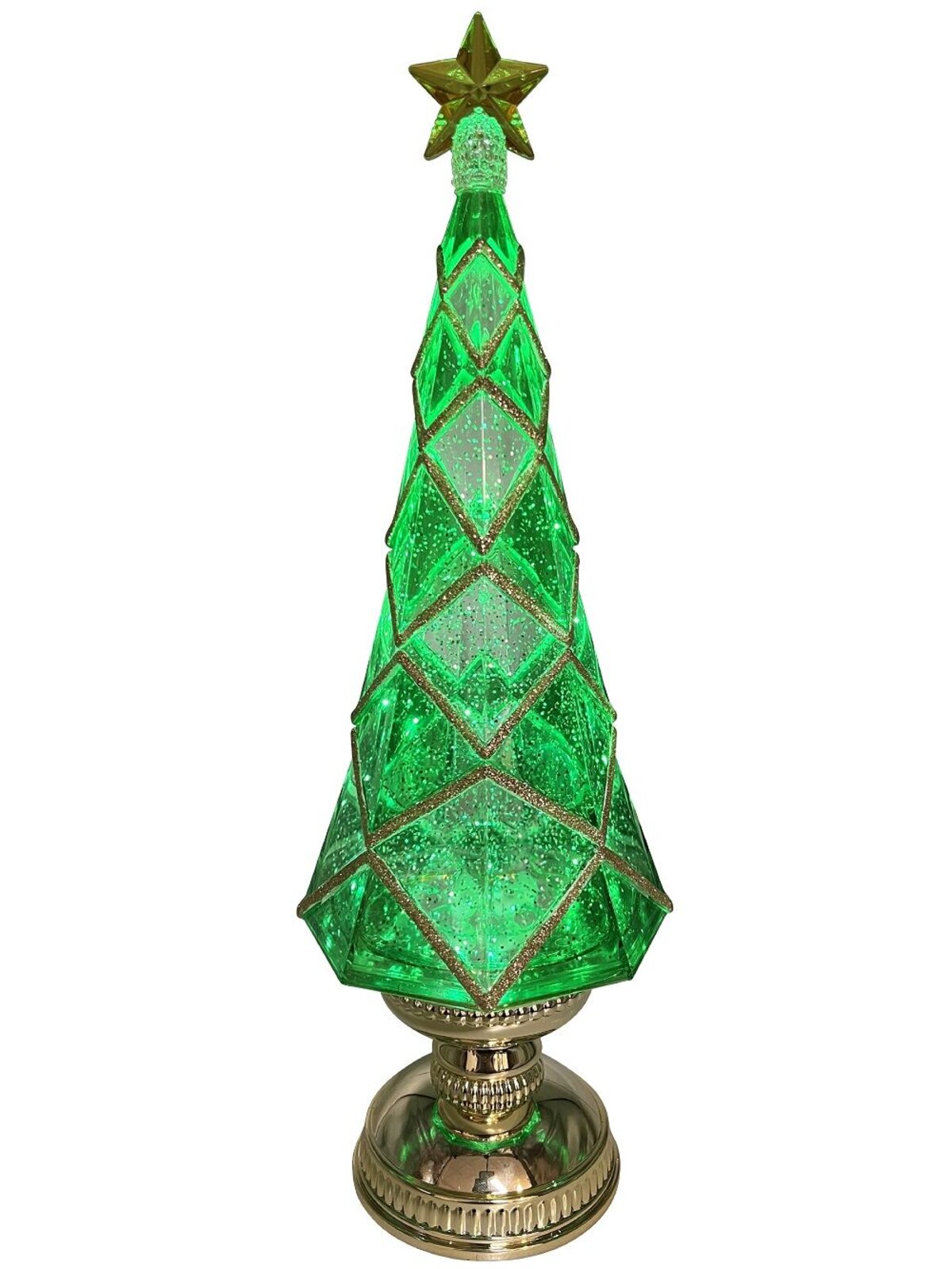 41cm Green Stained PVC Christmas Tree With Gold Trim Snow Globe Ornament