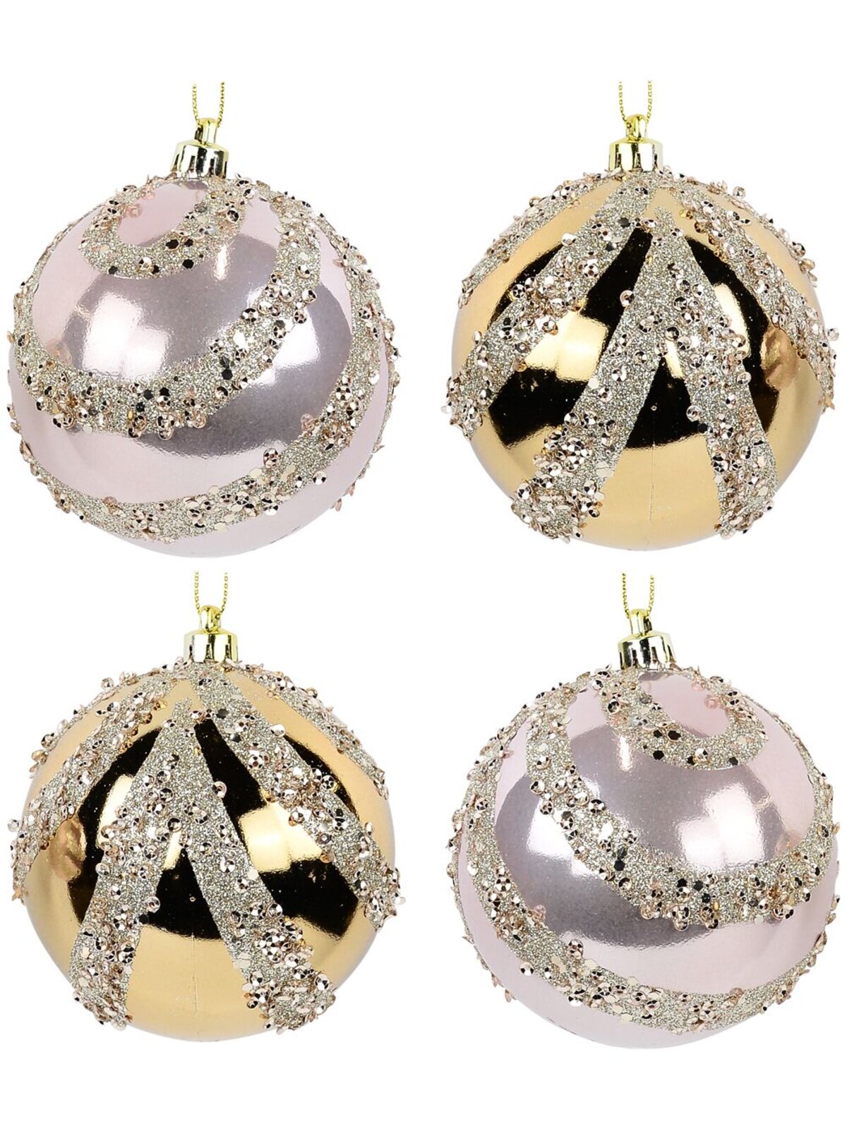 4x 80mm Pink & Gold Baubles With Sequin & Glitter Ribbon Bow Pattern