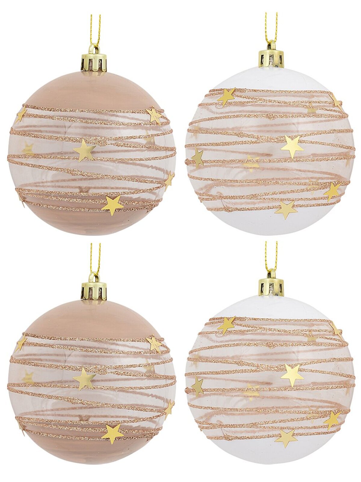 4x 80mm Taupe, White & Clear Baubles With Gold Stars & Glitter Lines