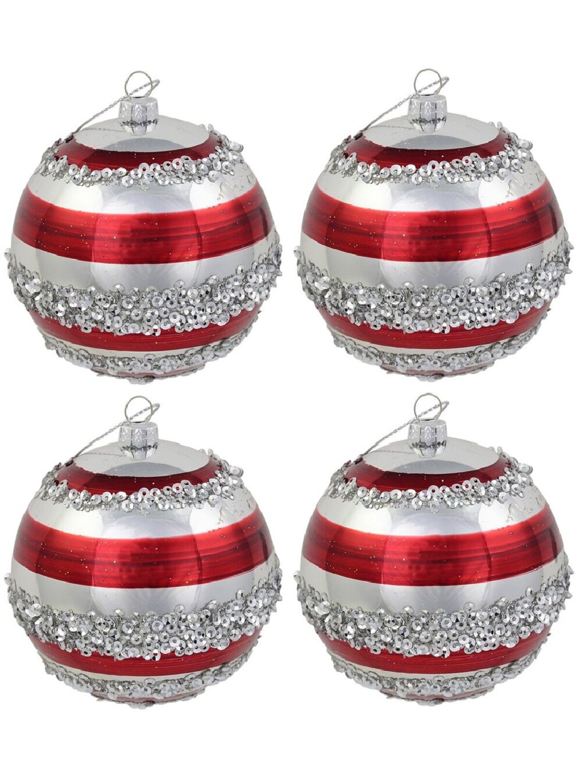 4x Dynamic Red & Silver Statement Striped Sequin Baubles | 80mm