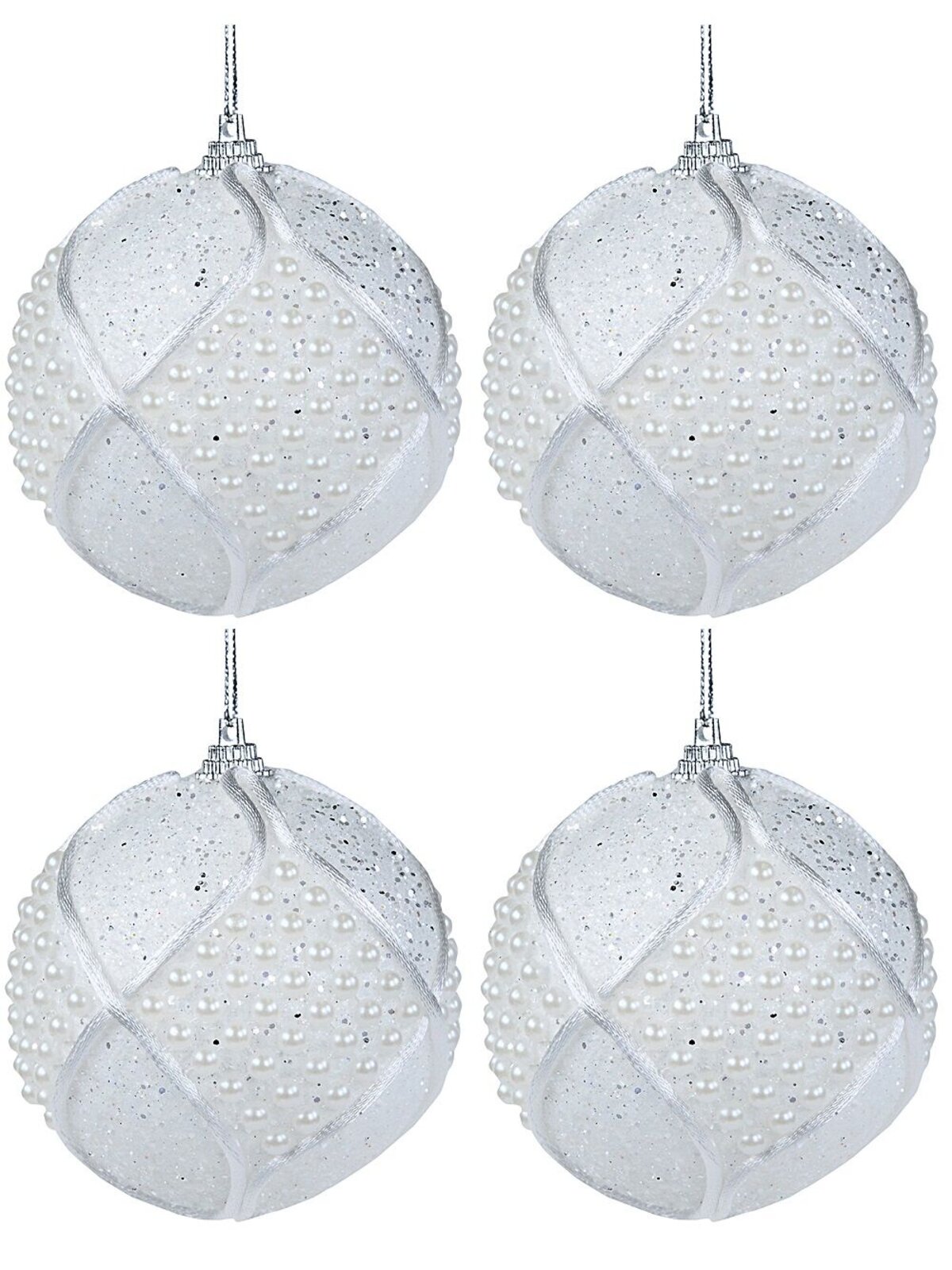 4x Opulent White & Silver Statement Pearl Bead Geometric Baubles | 80mm