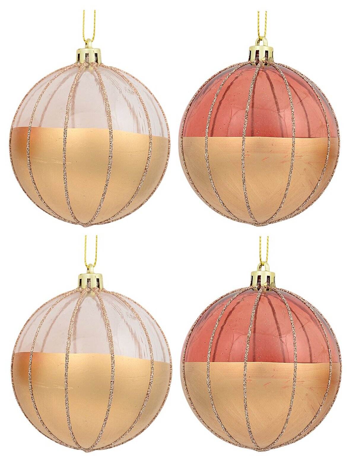 4x Timeless Gold Rose Gold & Clear Statement Glitter Striped Bauble | 80mm