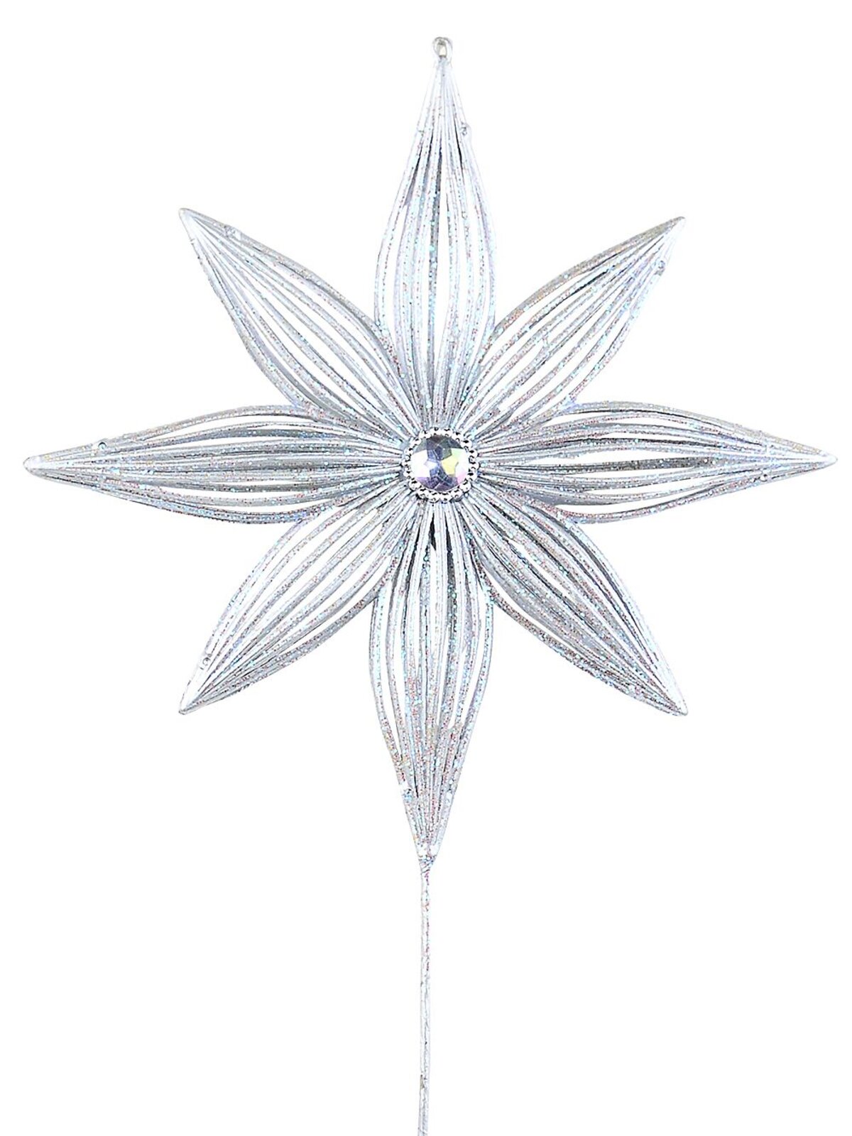 Matte Silver Wire Frame Look Christmas Star With Glitter Long Stem | 67cm