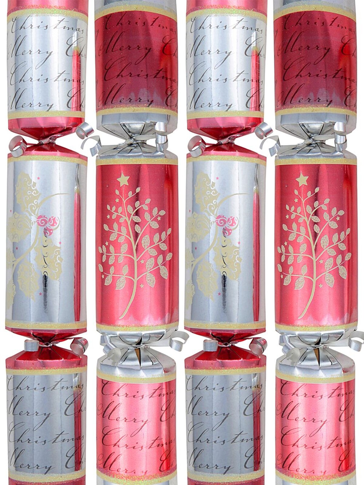 8 x 30cm Shiny Silver & Red With Holly Vine & Pick Pattern Christmas Bon Bons