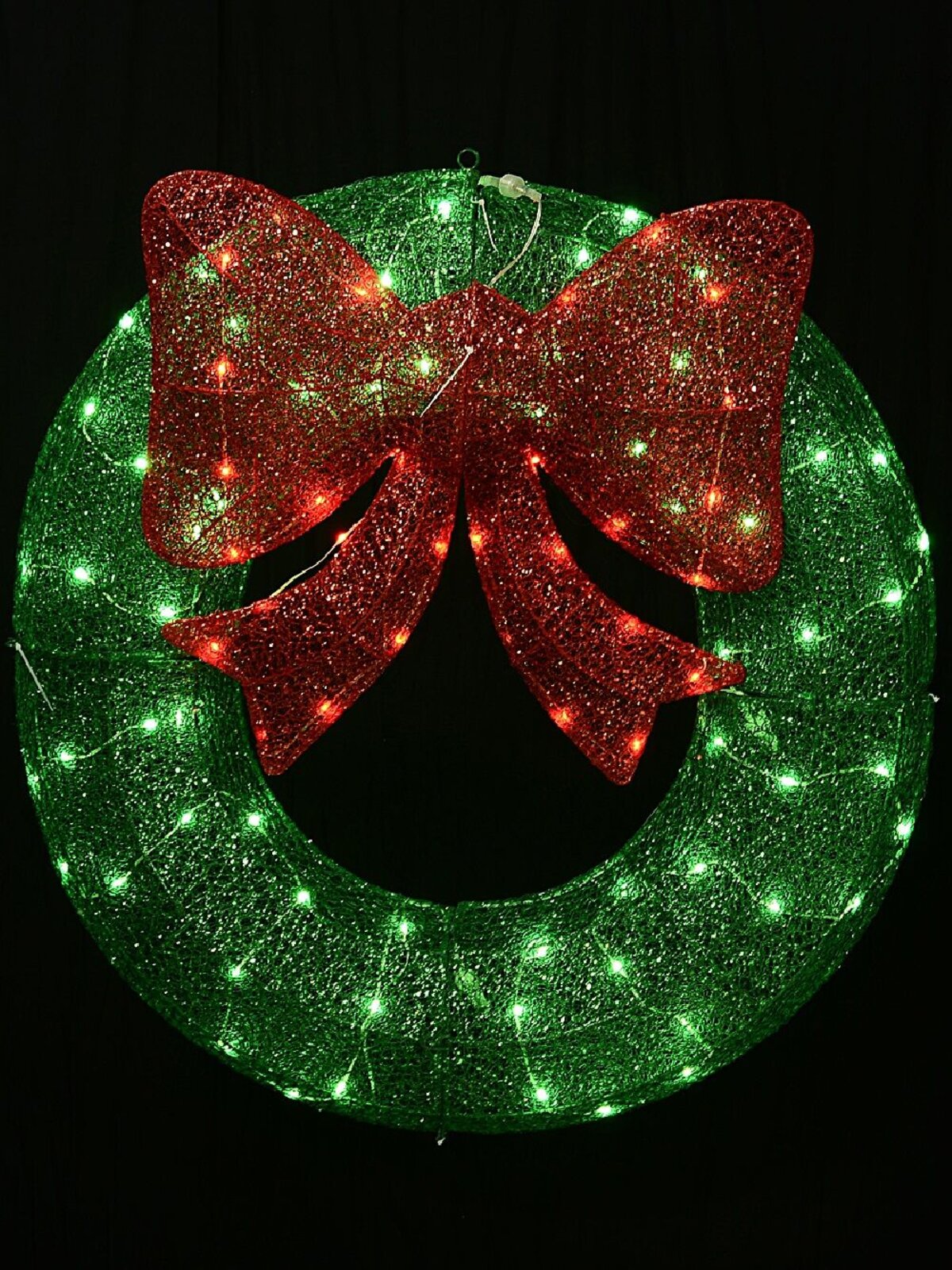 92cm Green & Red With Twinkle LED Mesh Wreath & Bow Light Display