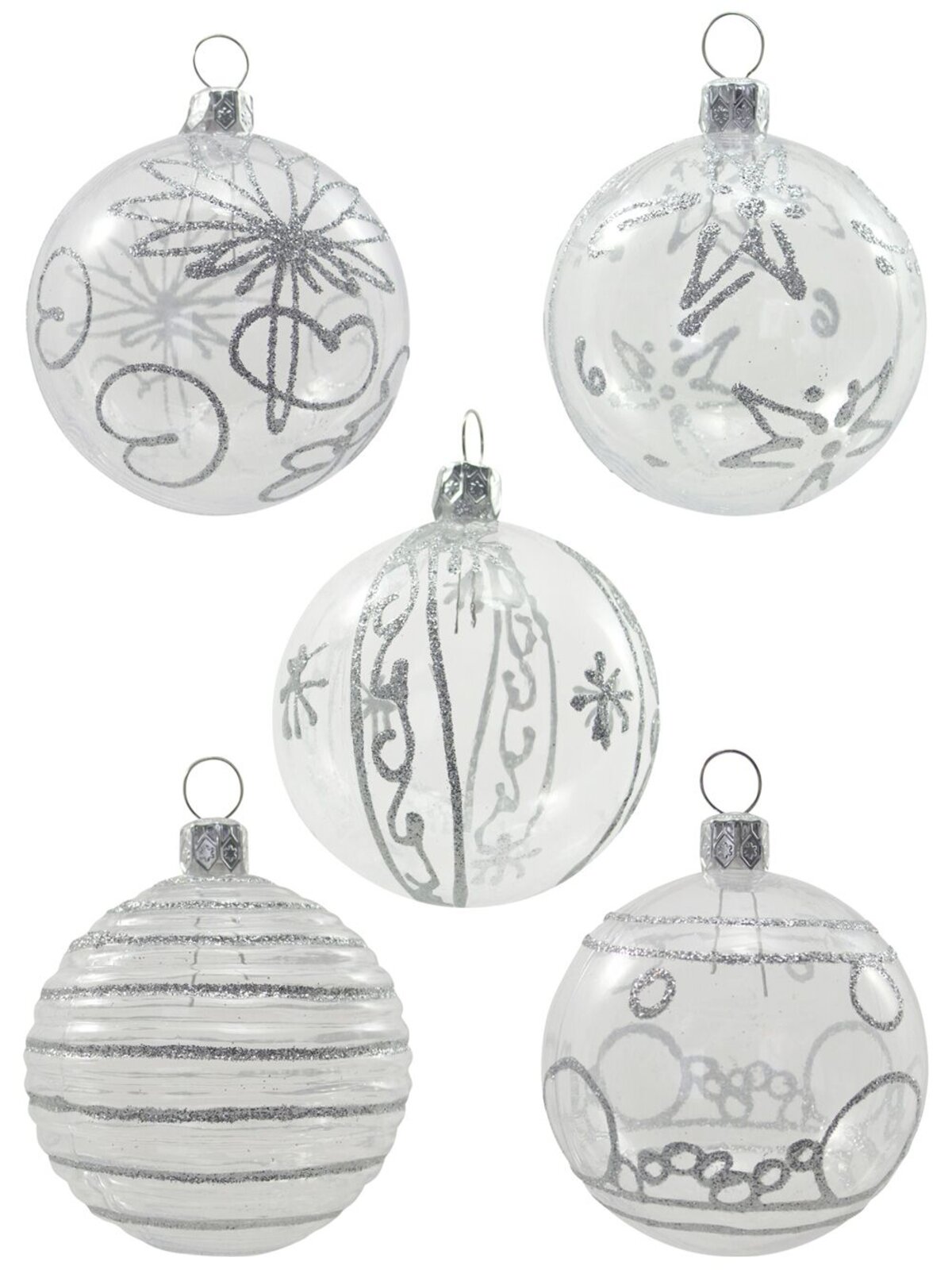 Clear Baubles With Assorted Glittered Pattern - 9 x 60mm
