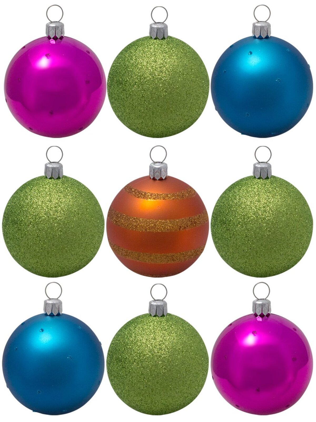 Copper, Blue, Lime & Fuchsia Baubles In Assorted Styles - 9 x 60mm 