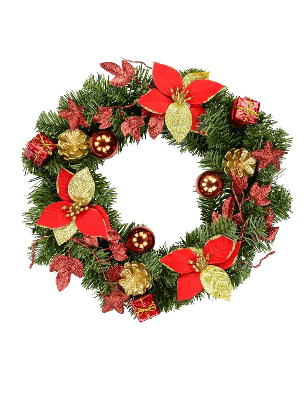 Decorated Red, Green & Gold Mixed Foliage & Floral Pine Wreath - 35cm