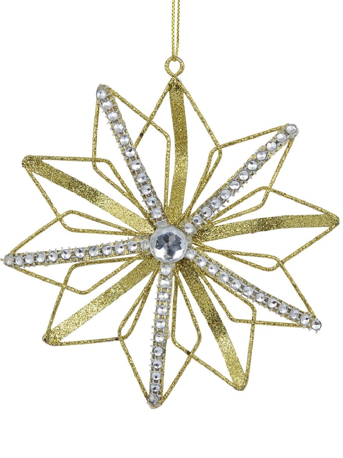 Gold 3D Star Flower With Diamante Christmas Tree Hanging Decoration - 13cm