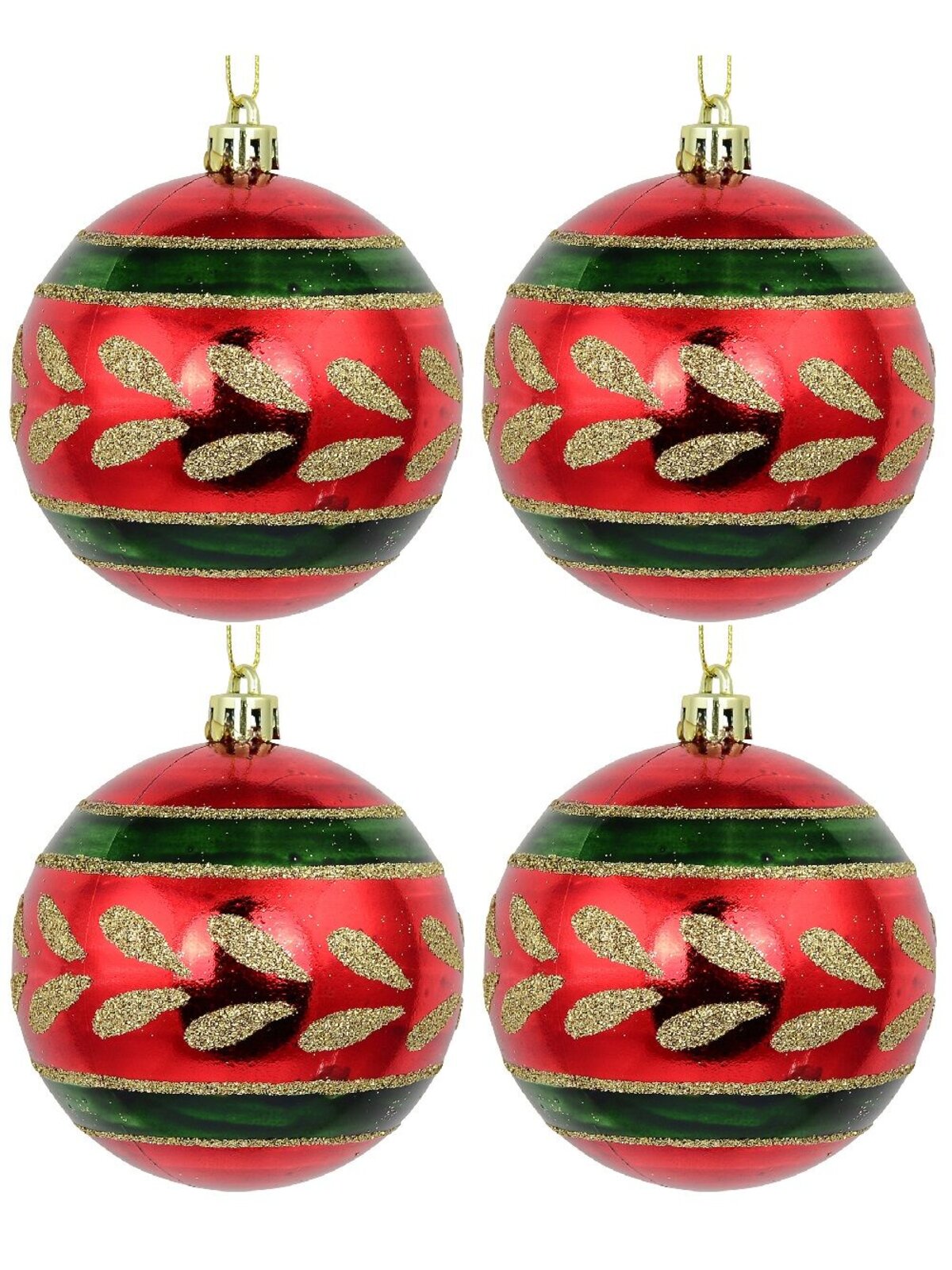 Metallic Red Christmas Baubles With Gold Glitter & Green Patterns - 4 x 80mm