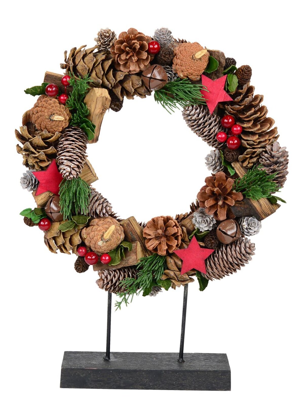 Natural Christmas Wreath With Pine Cones, Stars, Wood Chunks & Bells - 31cm