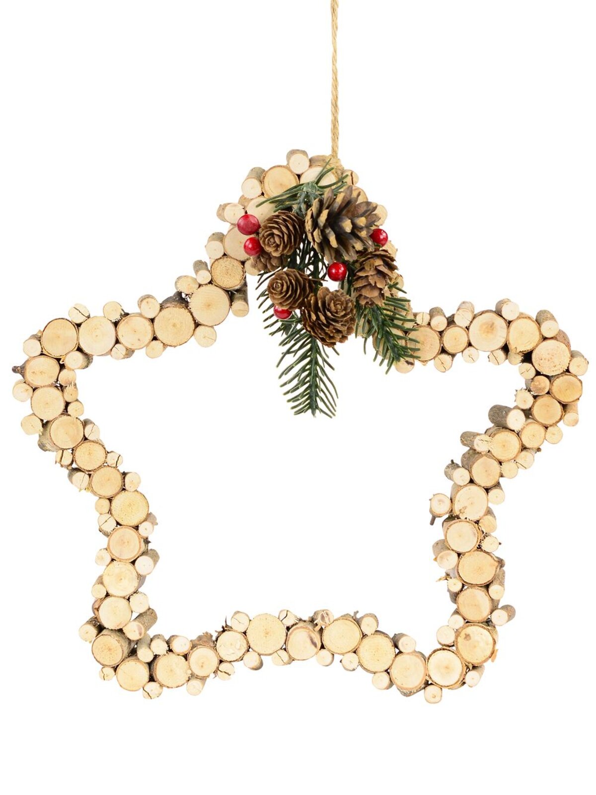 Natural Wooden Star Hanging Ornament With Pine Cones & Berries - 30cm