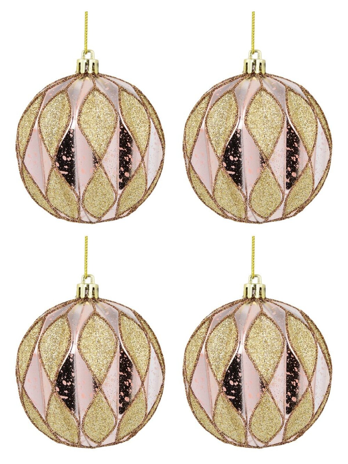Pink Geometric Textured Shiny & Glittered Baubles - 4 x 80mm