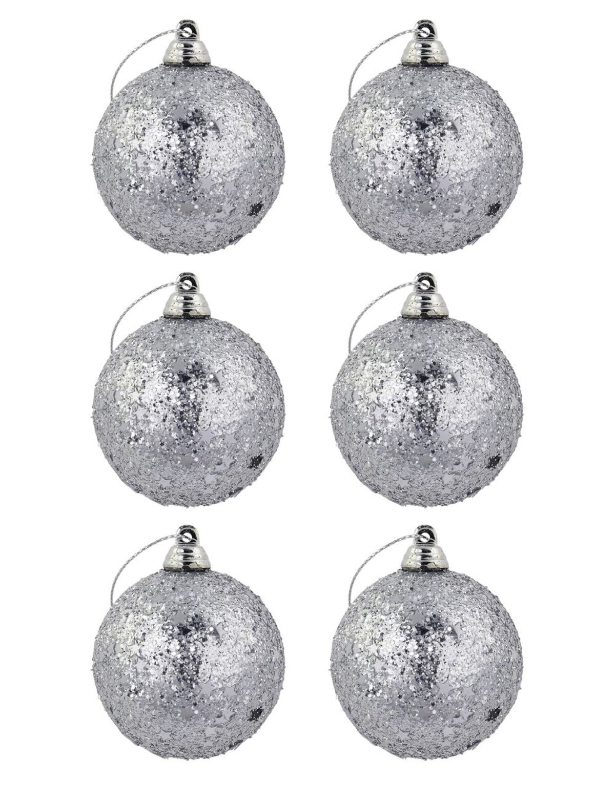 Silver Glitter & Star Covered Baubles - 6 x 60mm
