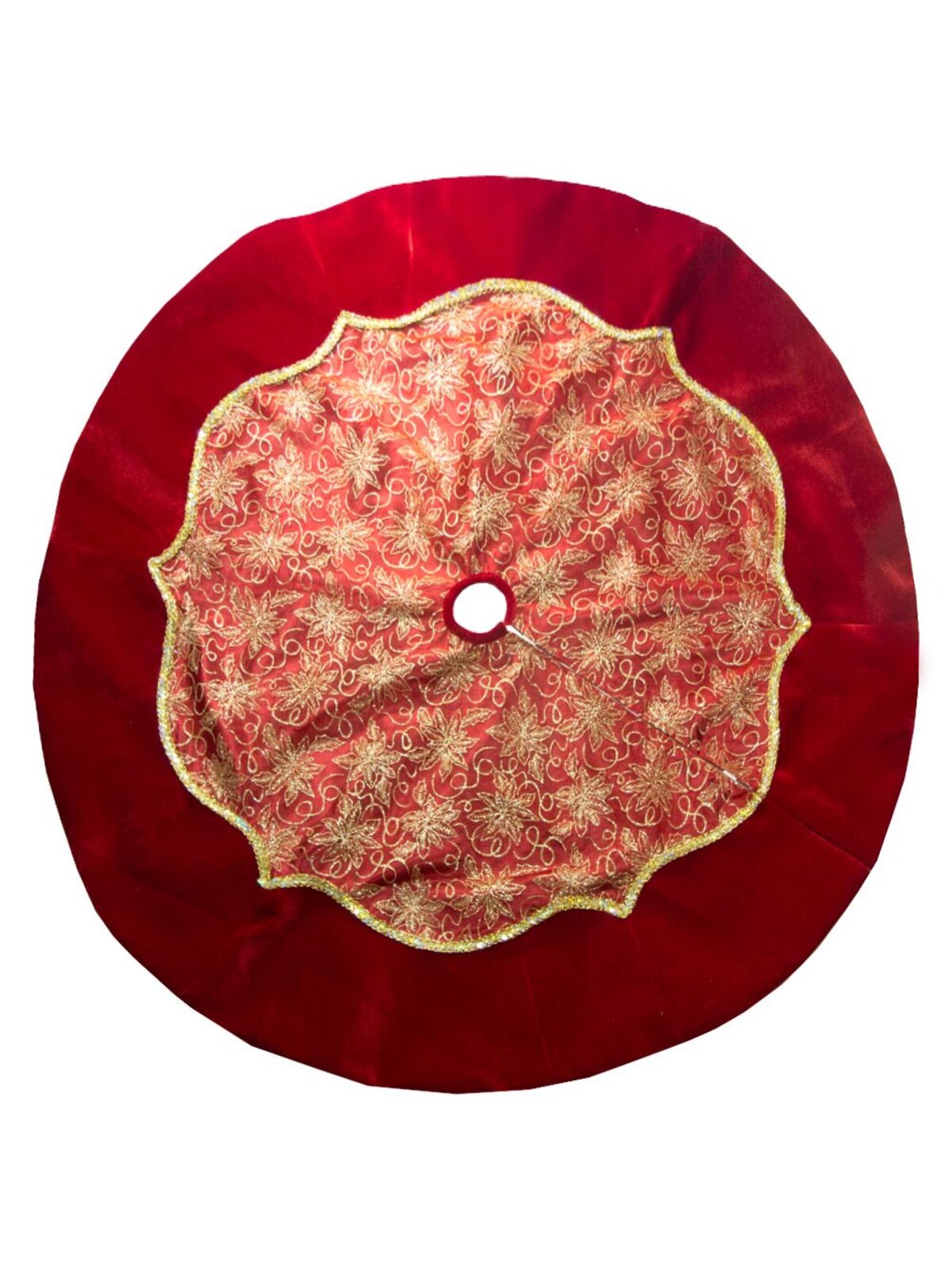 Tree Skirts - Red With Gold Glitter Poinsettia Pattern - 1.2m