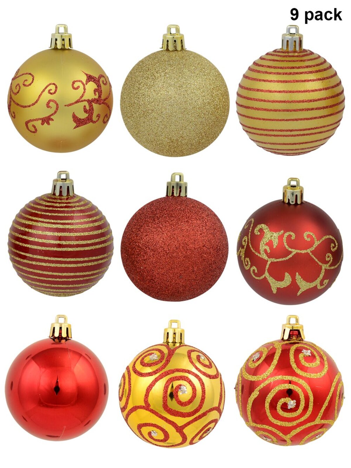 Various Red & Gold Baubles With Plain & Glittered Patterns - 9 x 60mm
