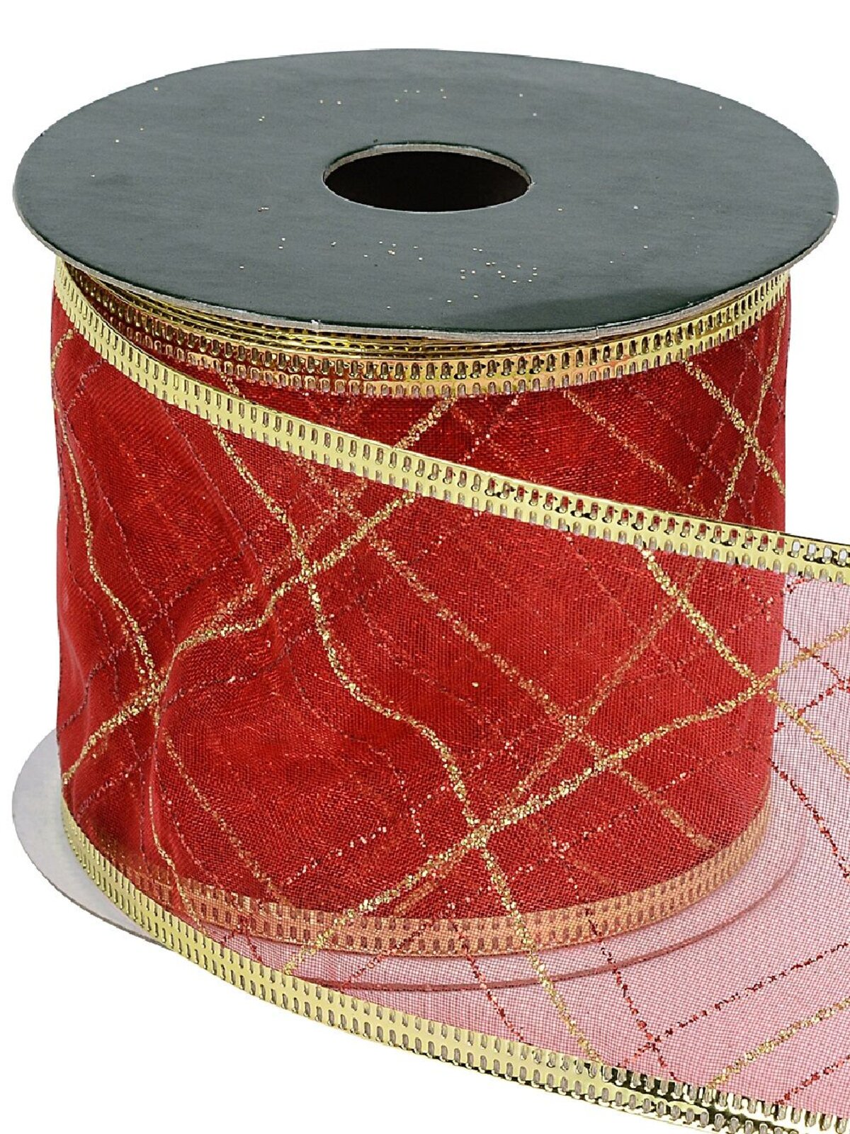 Wired Red Sheer Ribbon Red & Gold Glitter Plaid | 3m x 63mm