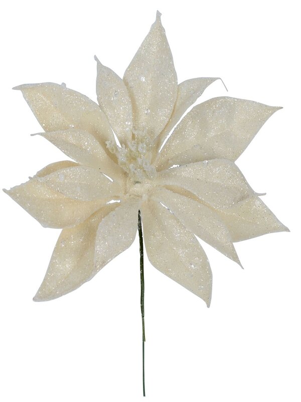 Cream With Silver Glitter Poinsettia Christmas Tree Stem Pick | 17cm